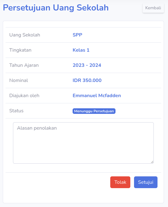 Menu Persetujuan Uang Sekolah