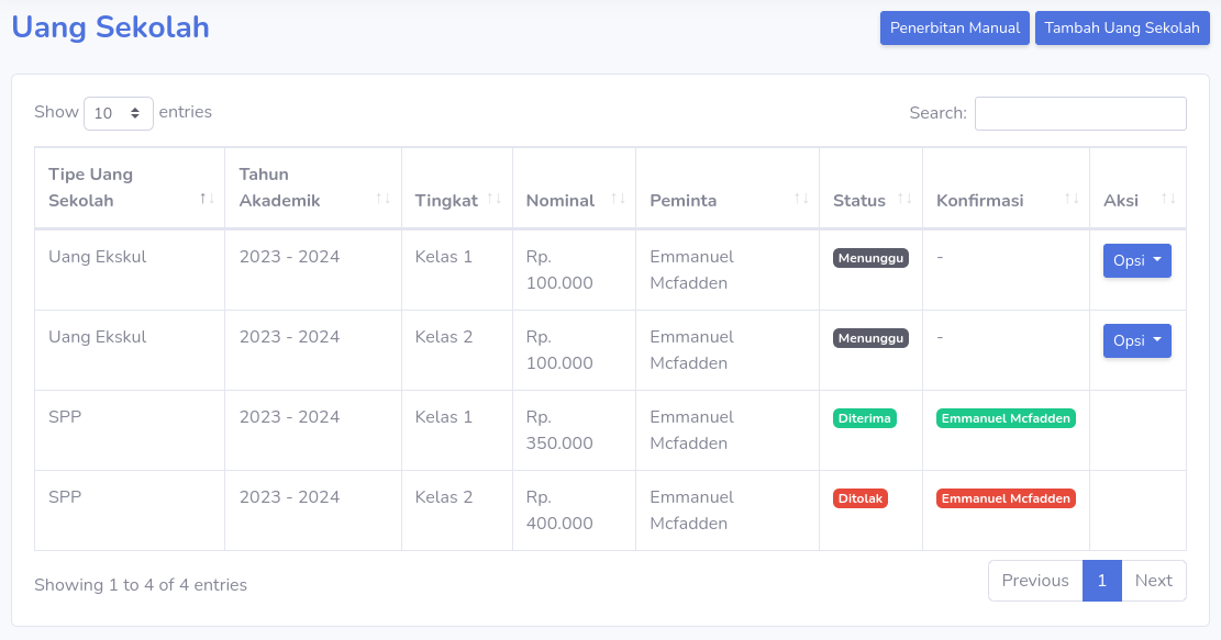 Menu Persetujuan Uang Sekolah