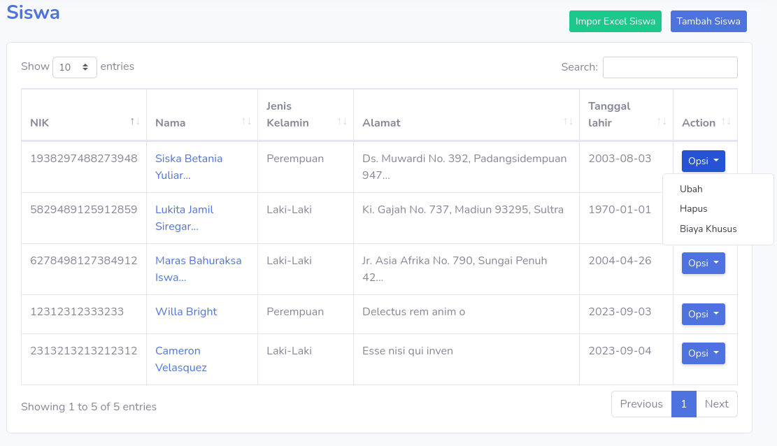 Menu Data Siswa