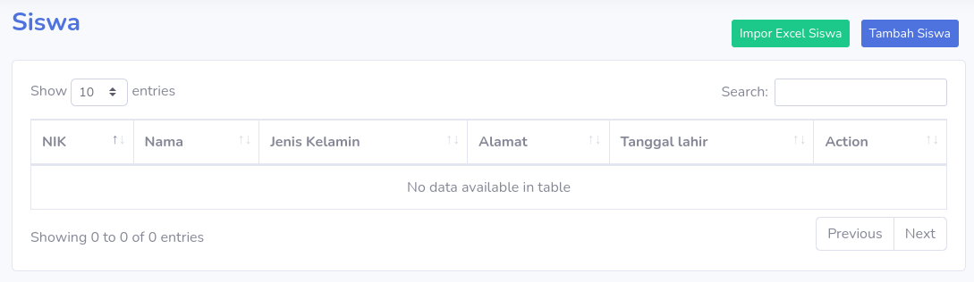 Menu Data Siswa