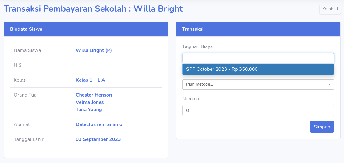 Menu Data Siswa