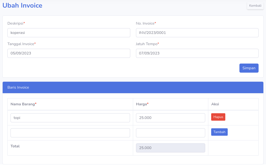 Menu Invoice