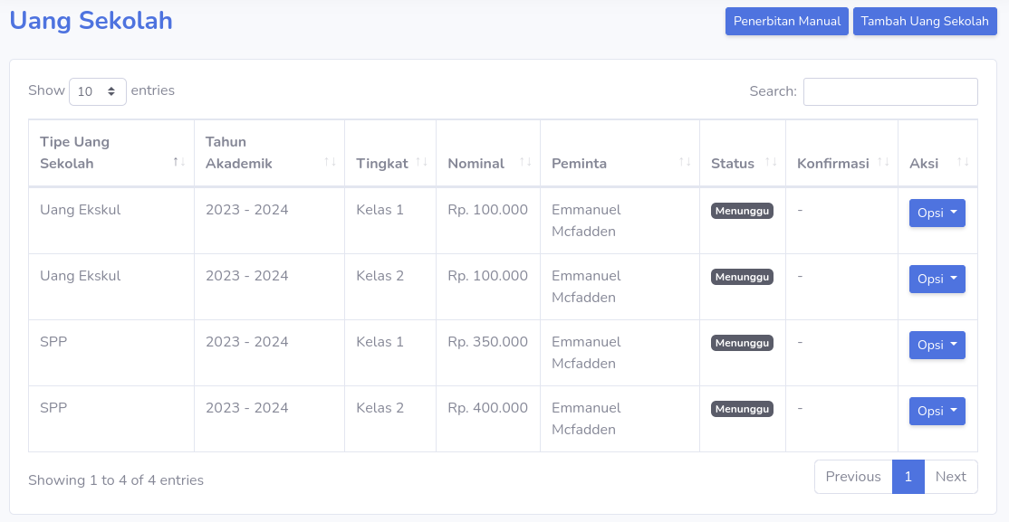 Menu Uang Sekolah