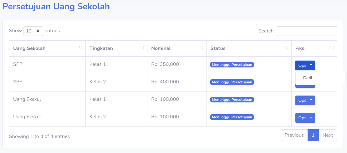 Menu Persetujuan Uang Sekolah